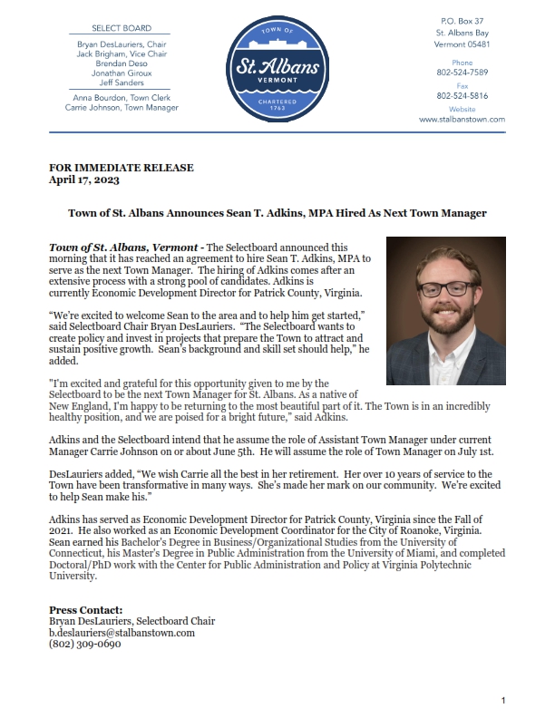 St. Albans Town Manager Announcement 4.17.23_001